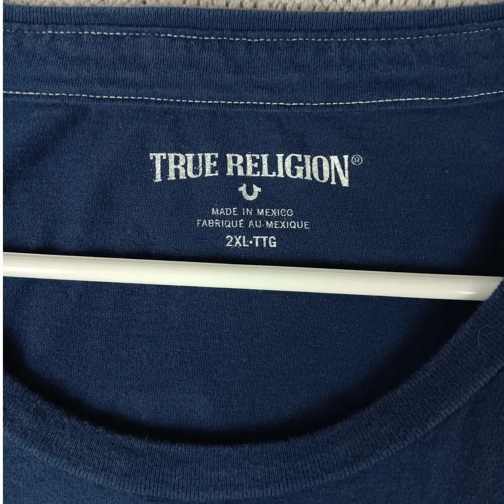 True Religion Broshoe Tee Mens 2XL Blue Horseshoe‎ Street Crew Neck 02 Slim Tall